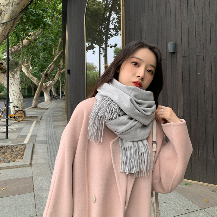 250g Solid Color Artificial Cashmere Scarf Thickened Warm Tassel Monochrome Shawl-Scarves & Wraps-Zishirts