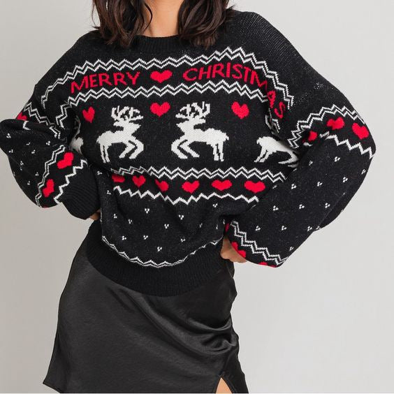 Christmas Festival Atmosphere Elk Pullover Round Neck Sweater Casual Top-0-Zishirts