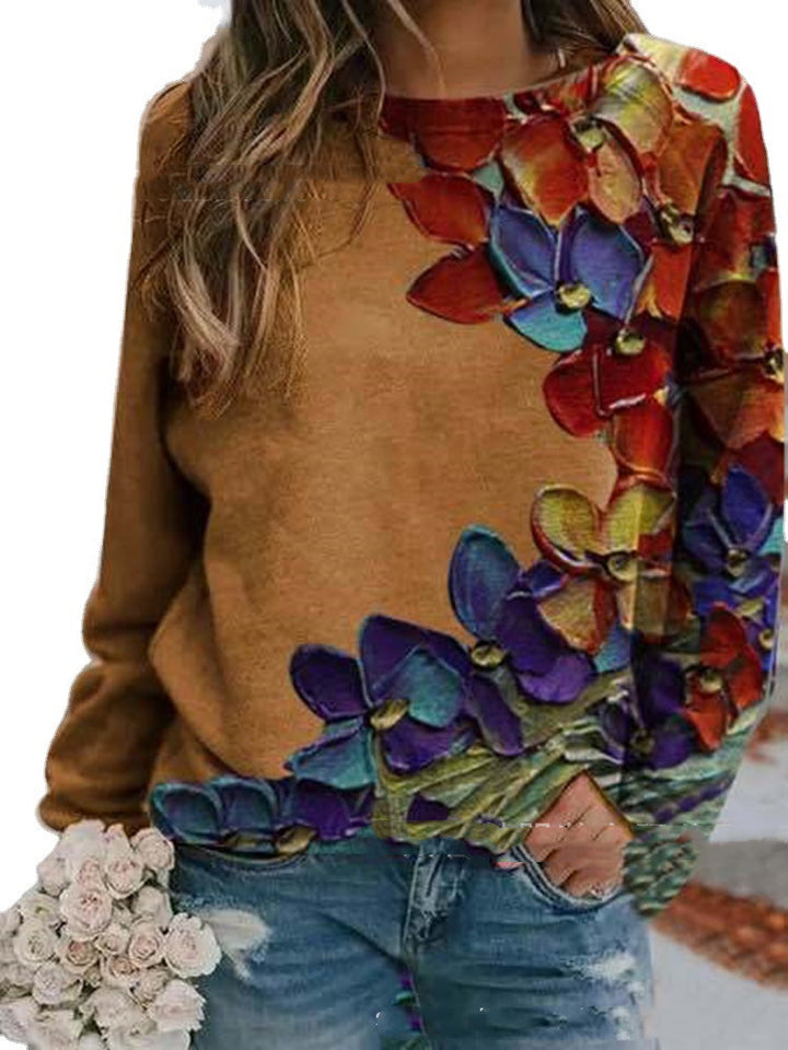 Women's Urban Casual Colorful Printed Long Sleeve Round Neck Pullover T-shirt-Blouses & Shirts-Zishirts