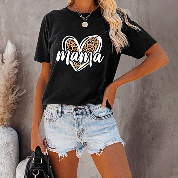 Leopard Print Love MAMA Mother's Day T-shirt Holiday Outdoor Leisure Pure Cotton-Women's Outerwear 2023-Zishirts