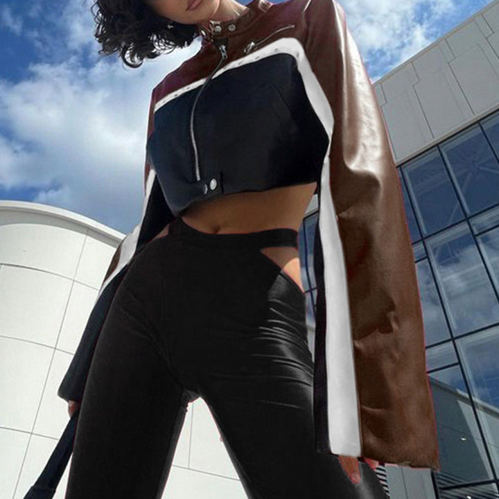 Locomotive Style Color Contrast Short Leaky Navel Rivet Leather Coat-Blouses & Shirts-Zishirts