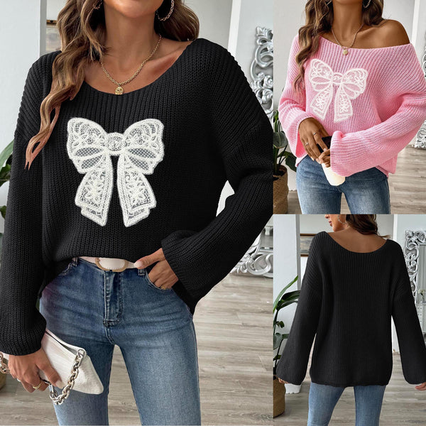 Bow Embroidery Patch Women's Pullover-0-Zishirts