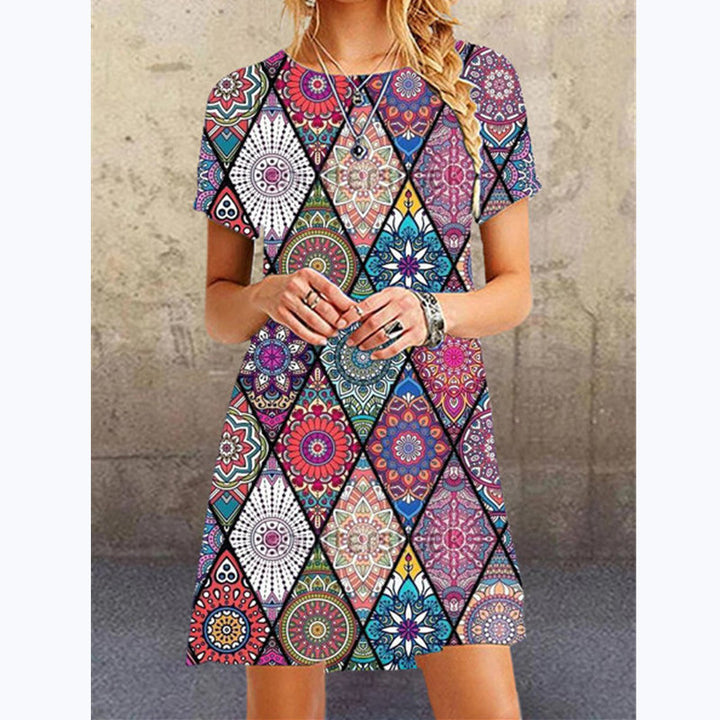 Summer New Round Neck Printed Casual Ultra-short Dress-Lady Dresses-Zishirts