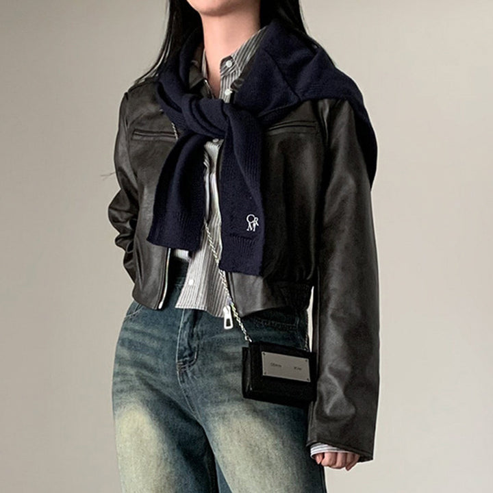 Solid Color Zipper Small Loose Lapels Fashion American Leather Coat Women's-Jackets-Zishirts