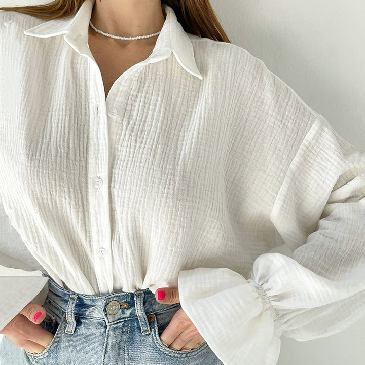 Flared Sleeves Long Sleeves Shirt Pure Cotton Leisure Commute Niche White-Blouses & Shirts-Zishirts