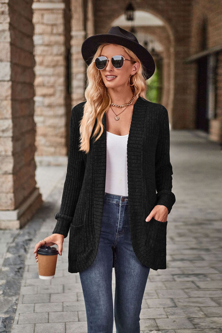 Solid Color Rib Fabric Sanding Casual Patchwork Long Sleeve Cardigan Jacket-Jackets-Zishirts