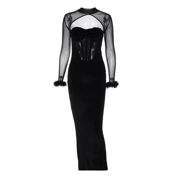 Women's Plush Mesh Stitching Sexy Hollow Dress-Lady Dresses-Zishirts