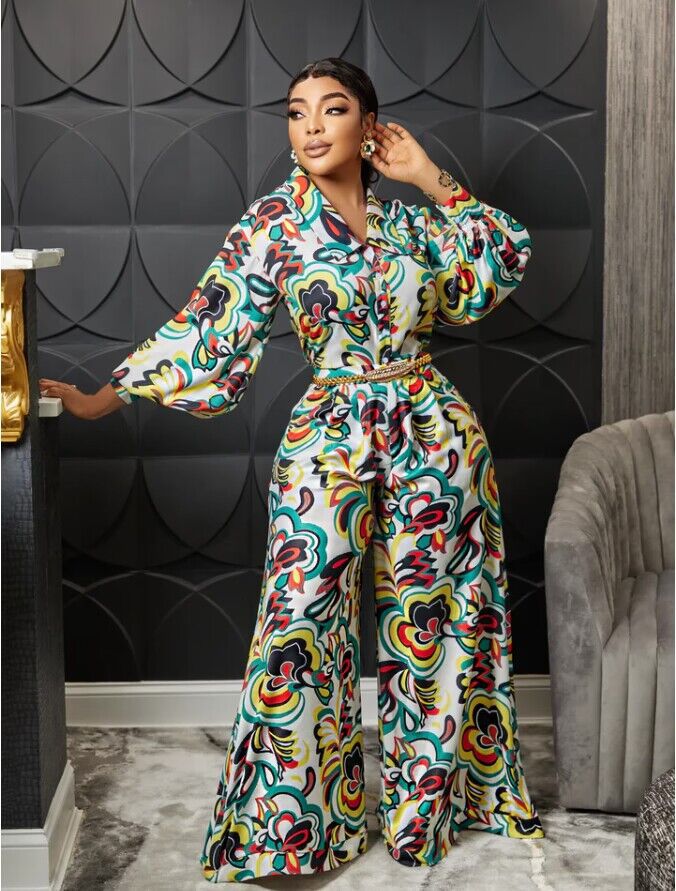 V-neck Printed High Waist Wide Leg Straight Jumpsuit-Suits & Sets-Zishirts