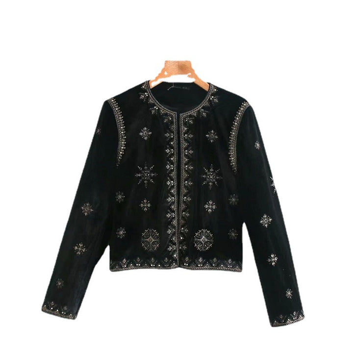 Black Printed Simple Loose Round Neck Long Sleeve Ladies Jacket-Jackets-Zishirts