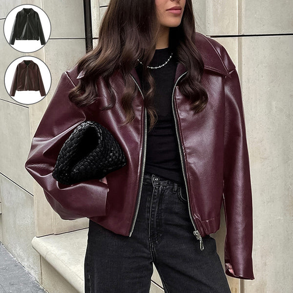 Solid Color Lapel Zipper Jacket Fashion Casual Long Sleeve Leather Coat Tops Women Clothing-Jackets-Zishirts