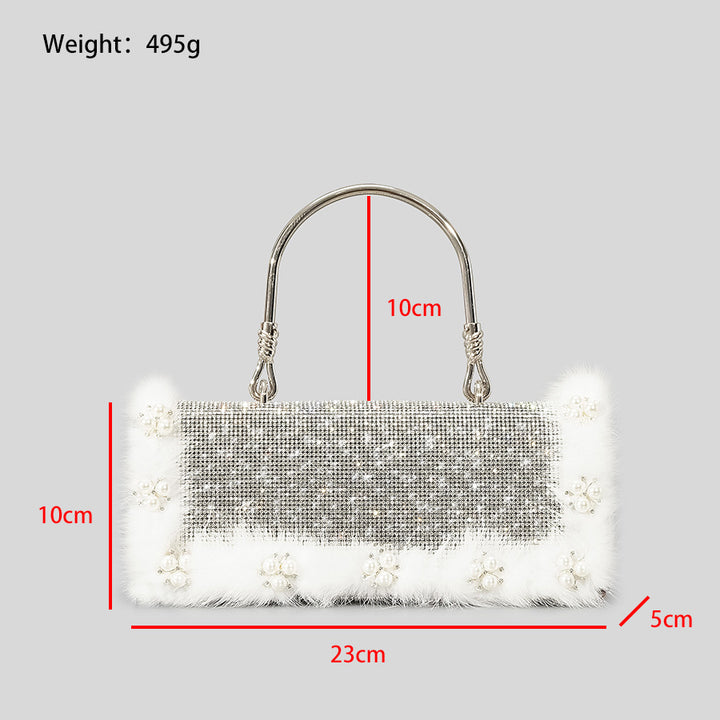 Ostrich Fur Pearl Rhinestone Bag Women's New-Women's Bags-Zishirts