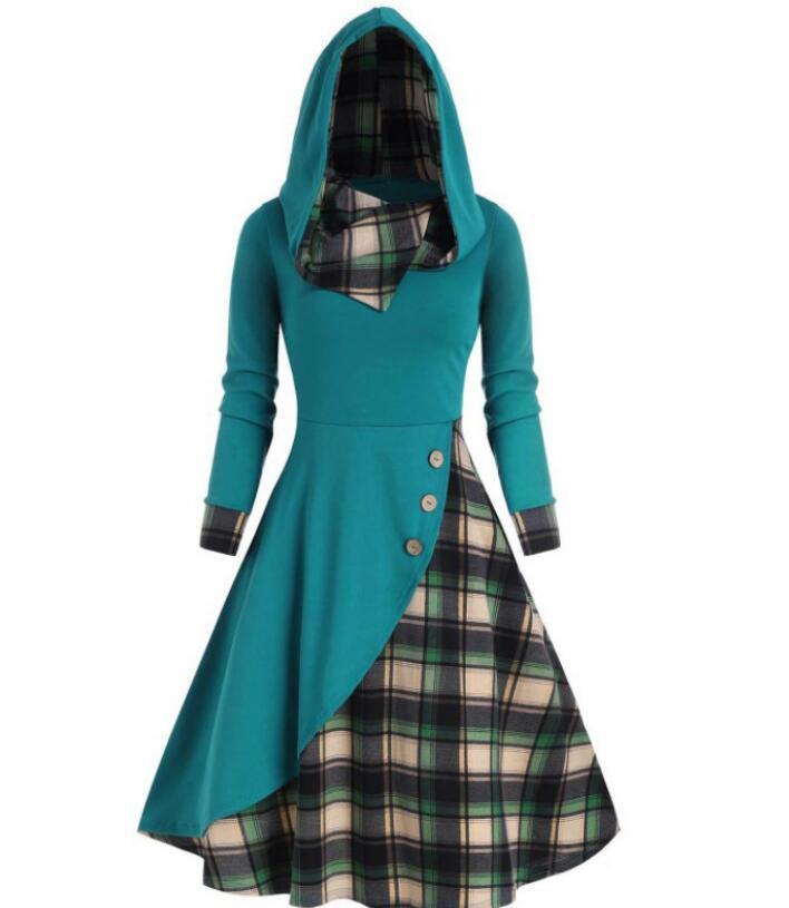 Plaid Stitching Hooded Turtleneck Dress-Lady Dresses-Zishirts