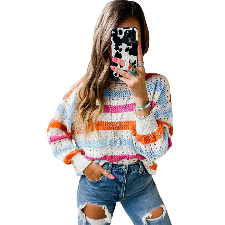 Leisure Personality Stitching Striped Round Neck Sweater-Sweaters-Zishirts