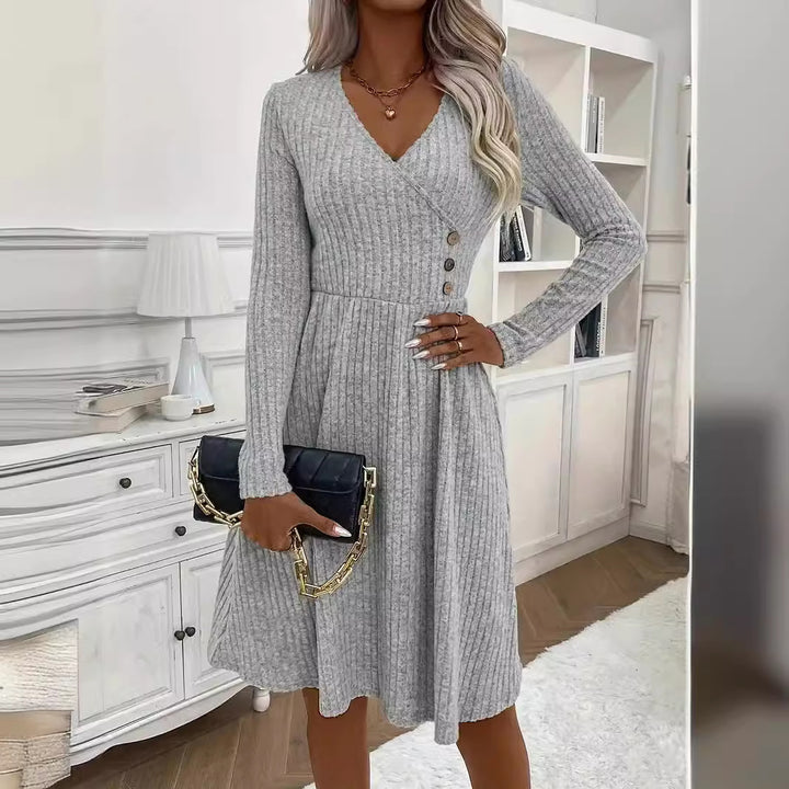 Fashion Temperament Pure Color Stitching Dress Sweater-Lady Dresses-Zishirts