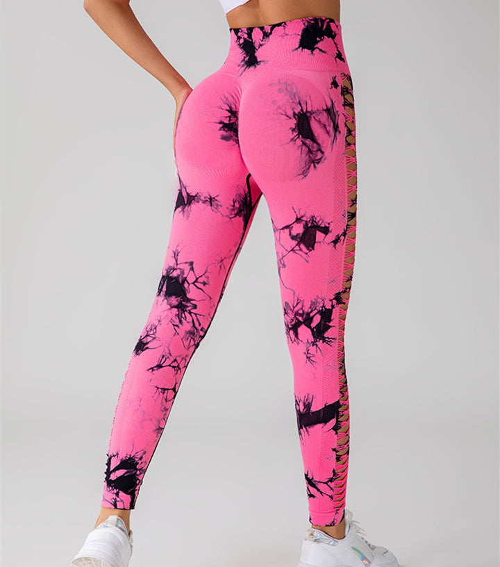 Hollow Tie Dye Printed Yoga Pants High Waist Butt Lift Seamless Sports Gym Fitness Leggings Slim Pants For Women Tight Trousers-Women's Outerwear 2023-Zishirts