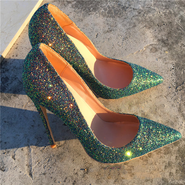 Women's Stiletto Heel Pointed-toe Fashion Sequined Green High Heels-Womens Footwear-Zishirts