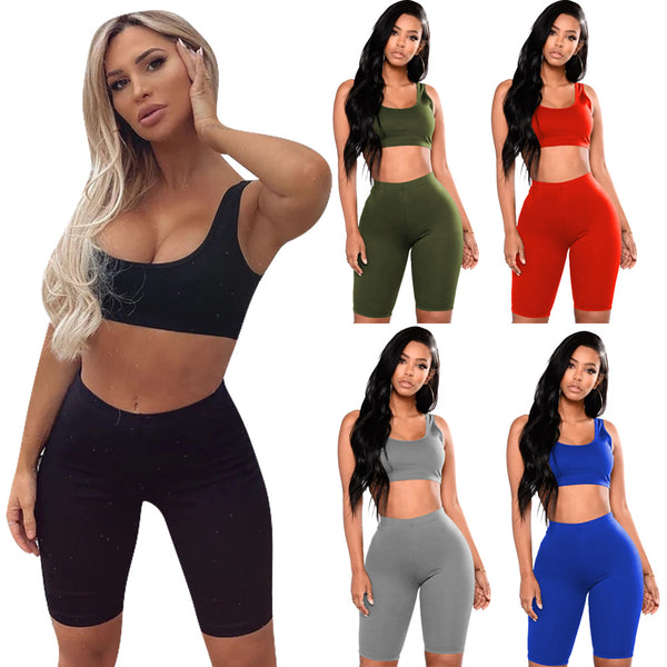 Women's Summer Solid Color Sports Sexy Two-piece Set-Suits & Sets-Zishirts