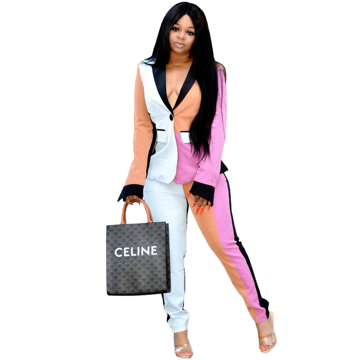 Women's Color Contrast Patchwork Fashion Suit Pants Two-piece Set-Suits & Sets-Zishirts