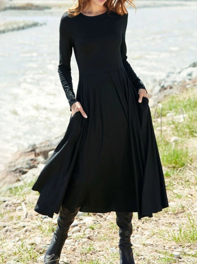 Long Sleeve Round Neck Solid Color Long Women's Clothing Dress-Lady Dresses-Zishirts