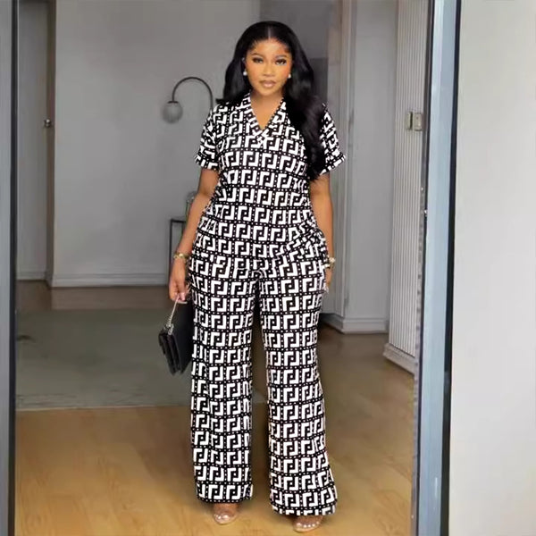 European And American Printed V-neck Pleating Wide Leg Pants Two-piece Set-Suits & Sets-Zishirts