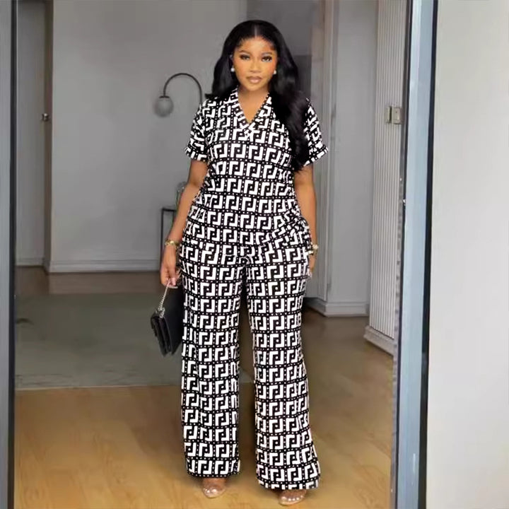 European And American Printed V-neck Pleating Wide Leg Pants Two-piece Set-Suits & Sets-Zishirts