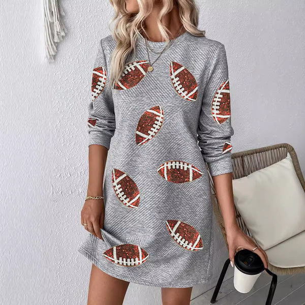 Women's Rugby Printed Long Sleeve Round Neck Pullover Dress-Lady Dresses-Zishirts