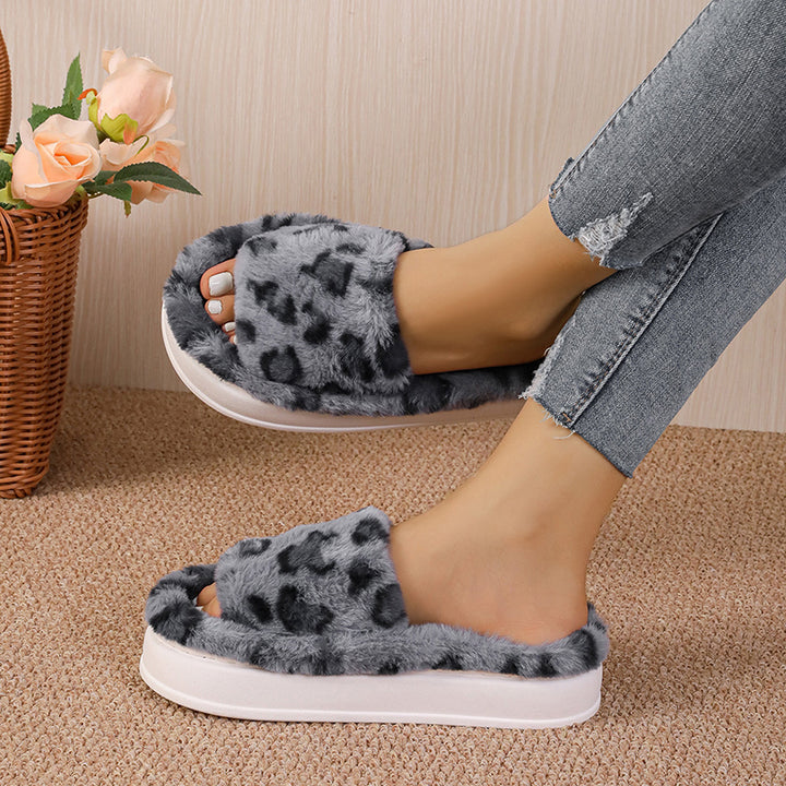 Fashion Winter Slipper Leopard Print Thick-soled Warm Fur Slippers Home Indoor And Wutdoor Shoes-Womens Footwear-Zishirts