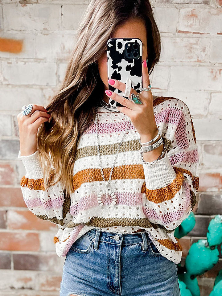 Leisure Personality Stitching Striped Round Neck Sweater-Sweaters-Zishirts