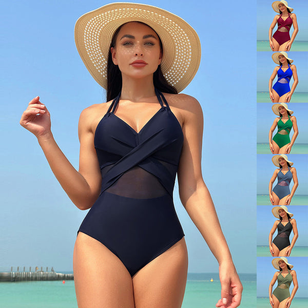 Halter-neck One-piece Swimsuit Summer Solid Color Cross-strap Design Mesh Bikini Beach Vacation Womens Clothing-Womens 2024 March-Zishirts