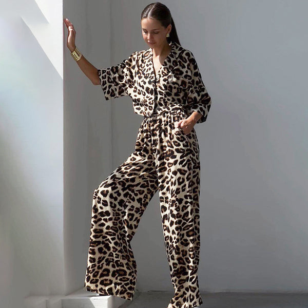 Women's Loose Leopard-print Shirt Wide-leg Pants Two-piece Set-Suits & Sets-Zishirts