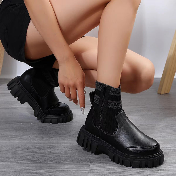 Fashion Mid-tube Boots With Zipper Design Non-slip Thick Sole Elastic Knitted Patchwork Boots For Women Round Toe Shoes Winter-Womens Footwear-Zishirts