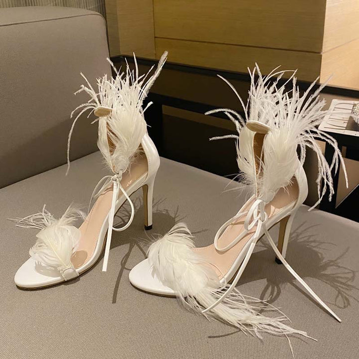 Women's Fashionable Simple Stiletto Heel Feather Strap Sandals-Womens Footwear-Zishirts