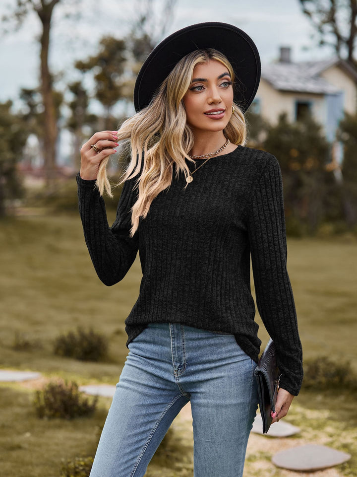 Autumn Women Round Neck Brushed Sunken Stripe Solid Color Upper Clothes Long Sleeves T-shirt-Sweaters-Zishirts