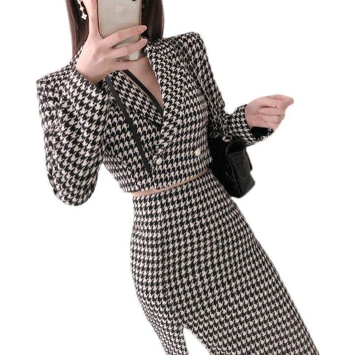 Slim Fit Houndstooth Coat Women-Suits & Sets-Zishirts