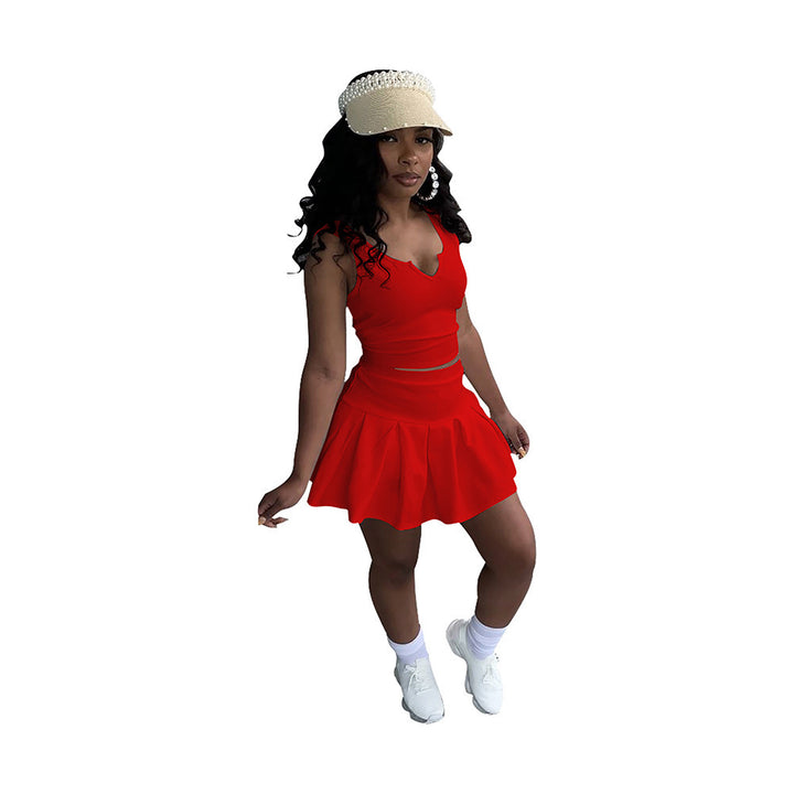 Solid Color And V-neck Sleeveless Pleated Pants Skirt Tennis Skirt Suit-Suits & Sets-Zishirts