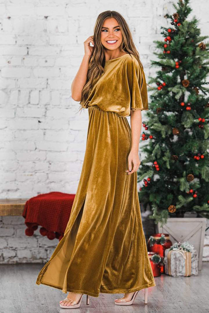 Summer Elegant Dress Gold Velvet Round Neck High Slit Evening Dress For Women-Lady Dresses-Zishirts