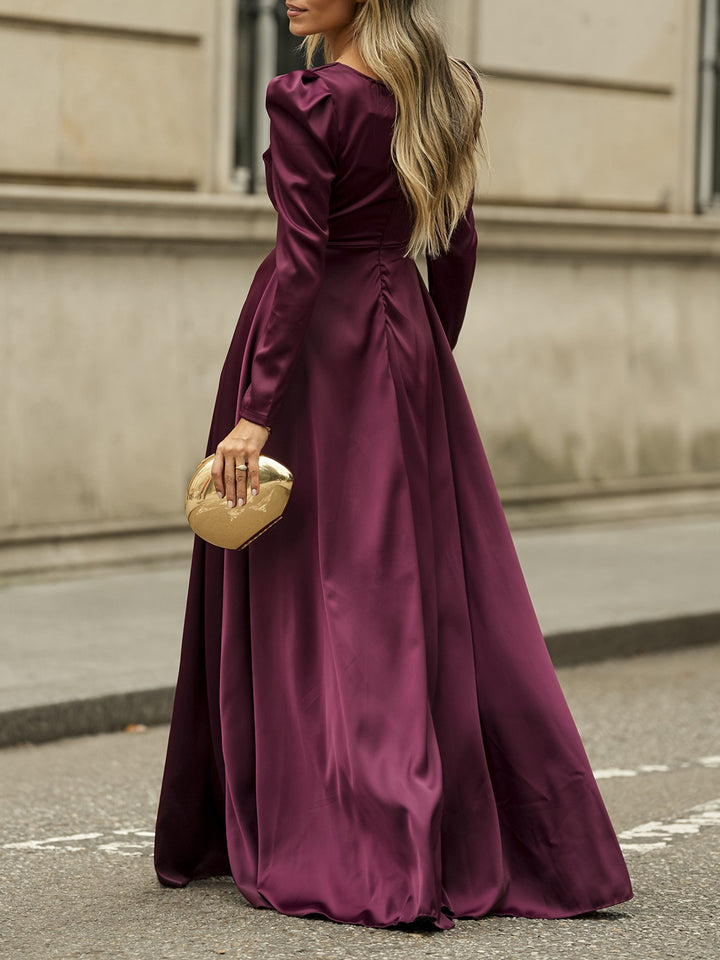 Puff Sleeves V-neck Slit Maxi Dress-Lady Dresses-Zishirts