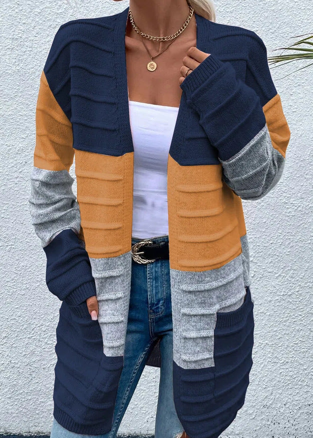 Amazon AliExpress Sweater Women's 2024 Fashion Jacket With Big Pockets Autumn And Winter Long Striped Color Matching Cardigan-Jackets-Zishirts