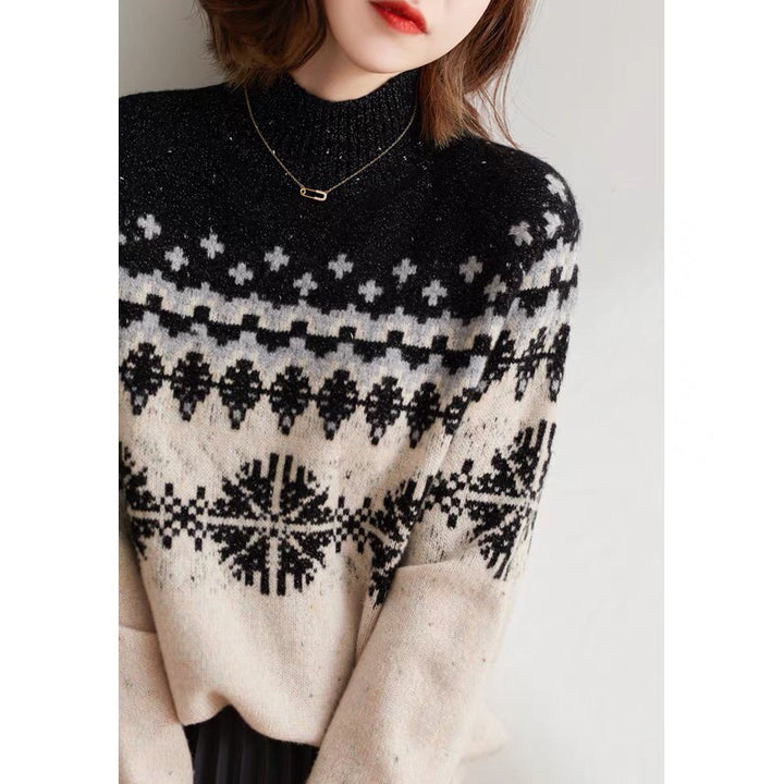 Autumn And Winter Spring New Half Turtleneck Knitted Snowflake Retro Loose Sweater-Jackets-Zishirts