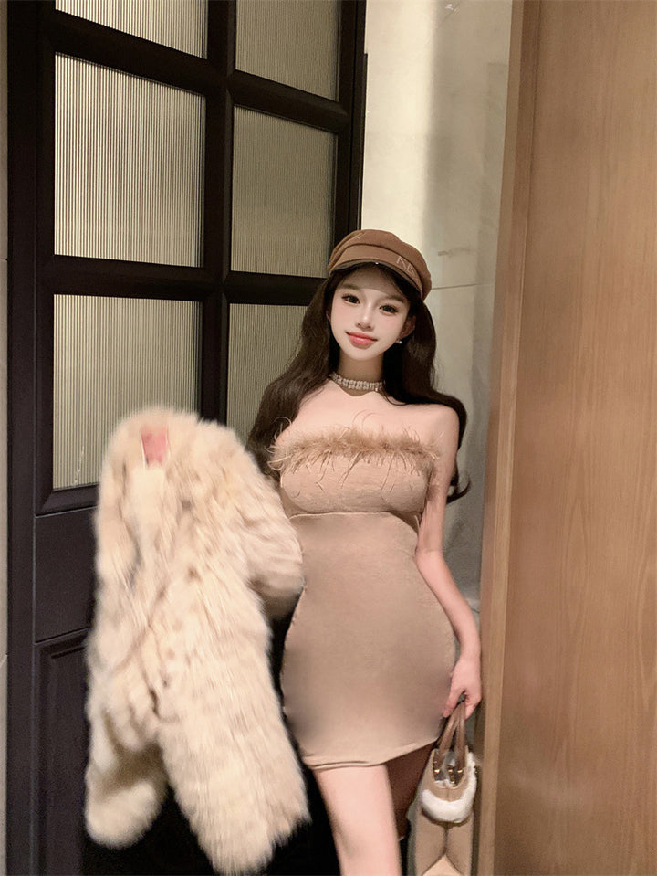 Autumn And Winter New Maillard Pure Hot Girl One-word Card Color Tube Top Dralon Hip Skirt For Women-Women's Outerwear 2023-Zishirts