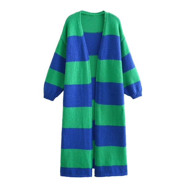 Autumn Women's Striped Loose Long Knitted Cardigan Coat-Women's Outerwear 2023-Zishirts