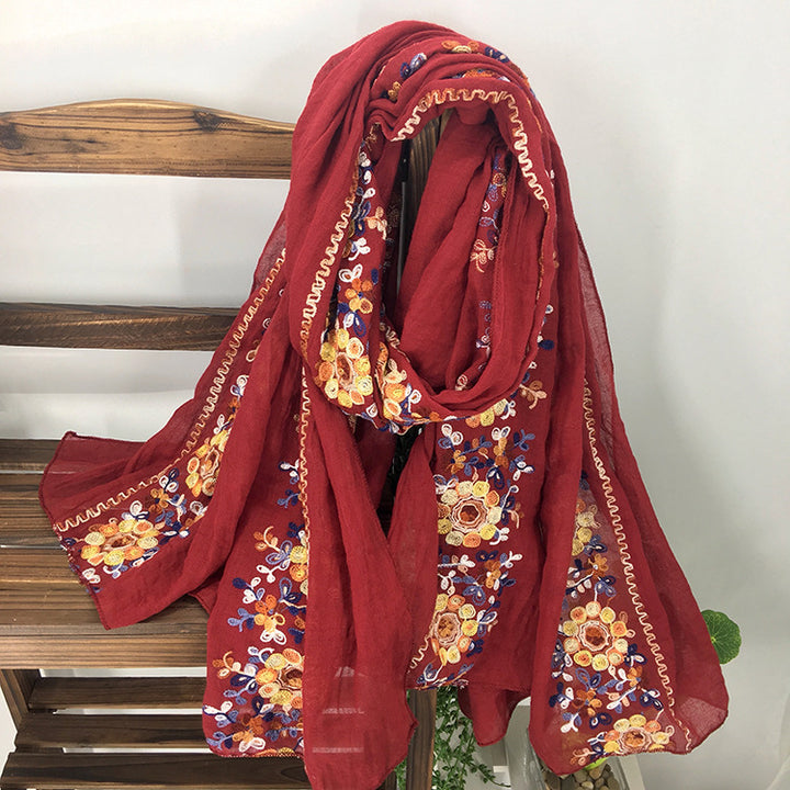 Embroidered Cotton And Linen Scarf Shawl-Scarves & Wraps-Zishirts