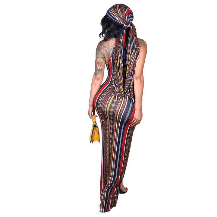 Fashion Sexy Stripes Bohemian Printed Dress Including Headscarf-Lady Dresses-Zishirts