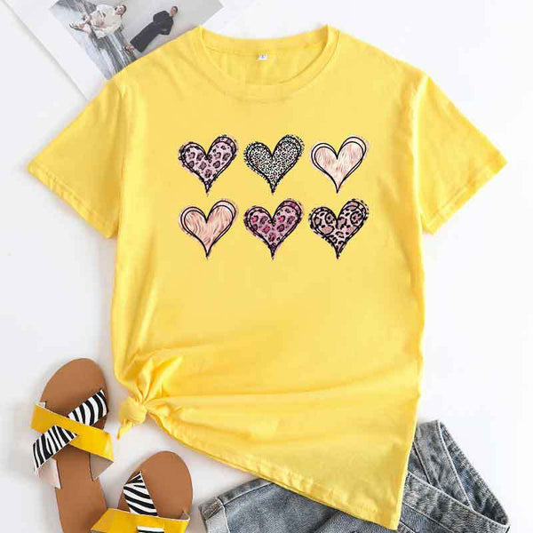 Women's Fashion Casual Love Printed Cotton Round Neck Short Sleeve-Blouses & Shirts-Zishirts