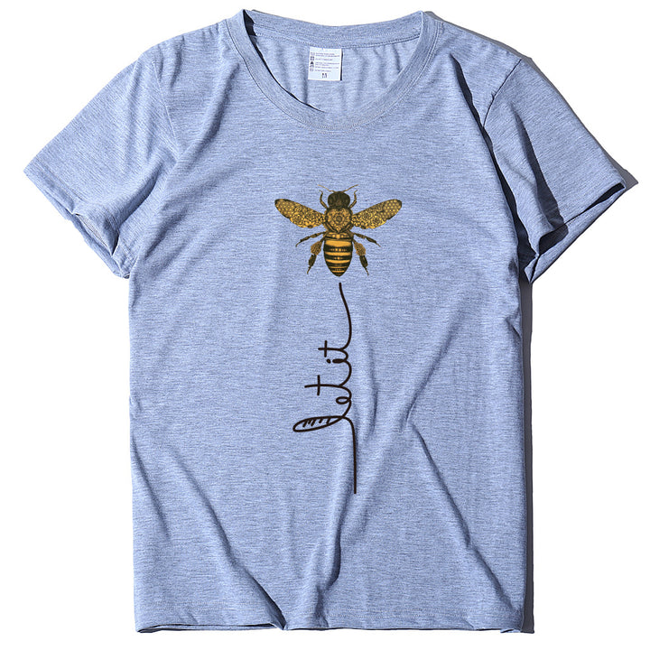 Bee And Letter Print Pattern Women's Loose T-shirt-Women's Outerwear 2023-Zishirts