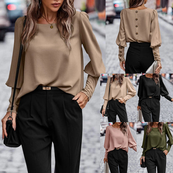 European And American Long Sleeve Button Solid Color Casual Shirt-Blouses & Shirts-Zishirts