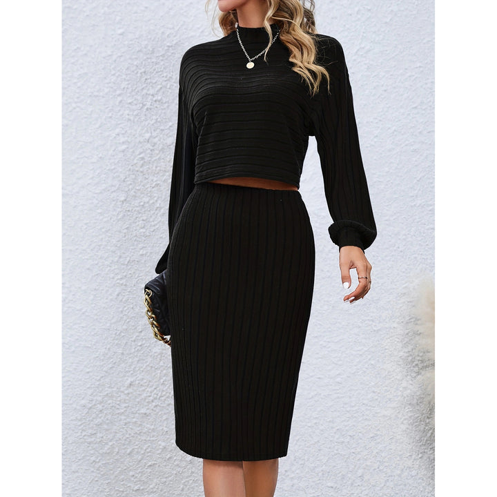 Long Sleeve Top Solid Color Hip Skirt Two Pieces-Suits & Sets-Zishirts