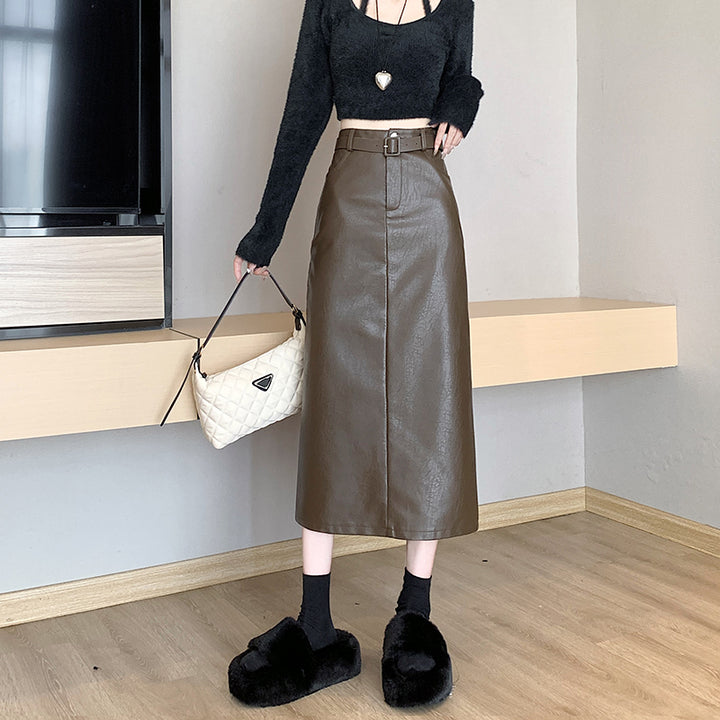 Coffee Colored High Waisted PU Leather Skirt For Women-Women's Outerwear 2023-Zishirts