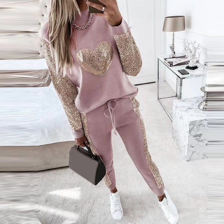 Women's Love Sequined Turtleneck Top And Trousers Casual Suit-Women's Outerwear 2023-Zishirts