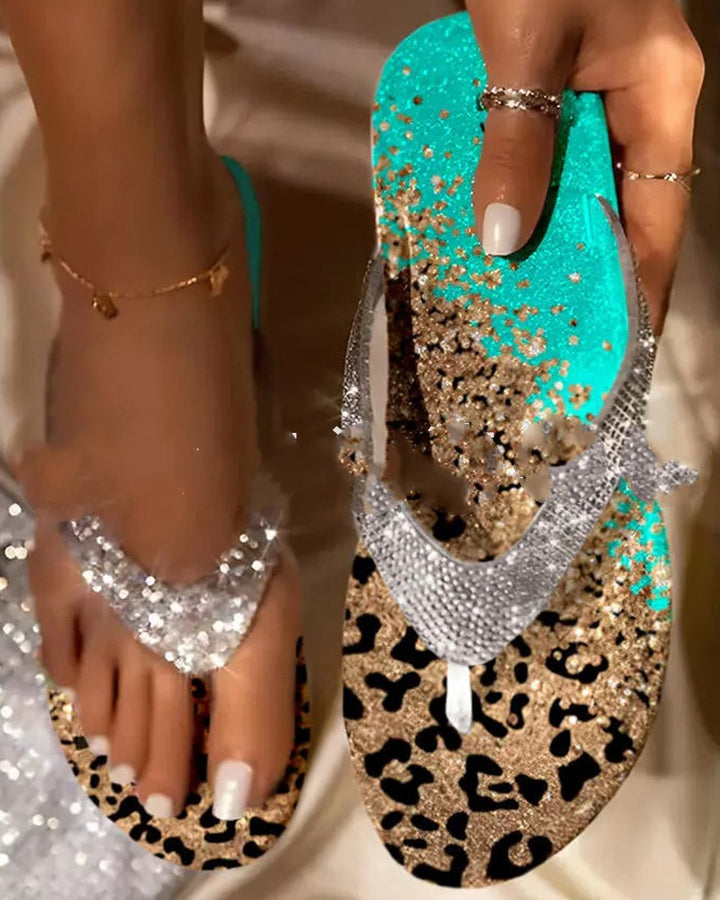 New European And American Flat Bottom Rhinestone Flip-toe 3D Printed Leopard Color Women's Sandals-Womens Footwear-Zishirts